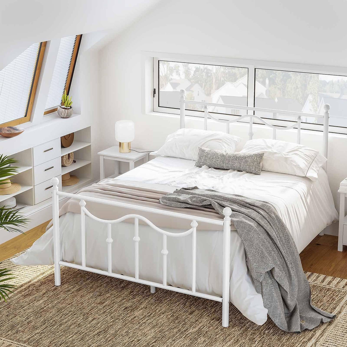 Queen Size Metal Bed Frame with Headboard White FredCo