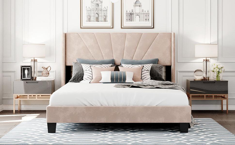Queen Size Velvet Upholstered Platform Bed, Box Spring Needed - Beige WF212844AAA FredCo