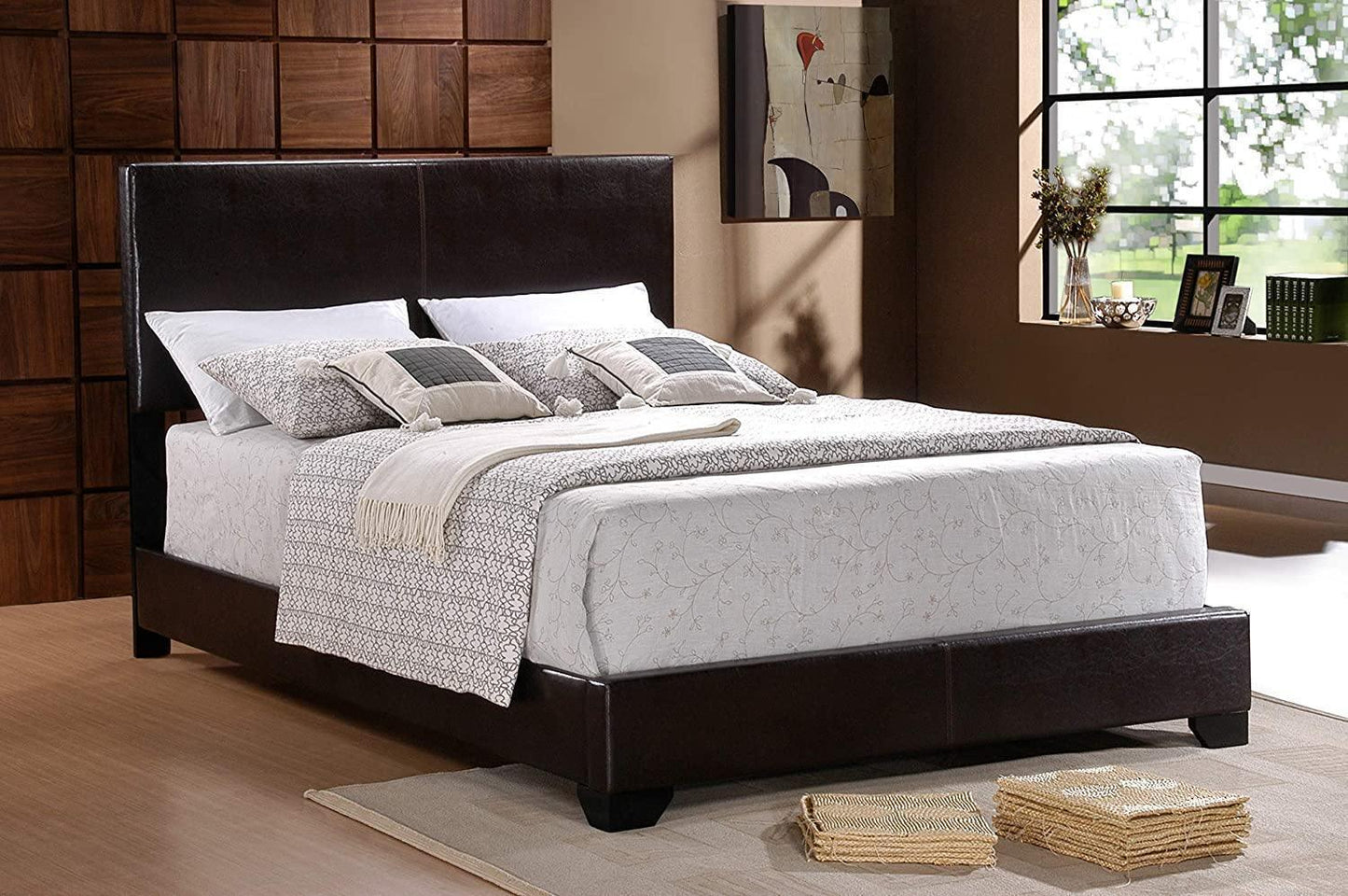 Queen Upholstered Panel Bed with Headboard, Footboard and Rails in Gray, Queen FredCo