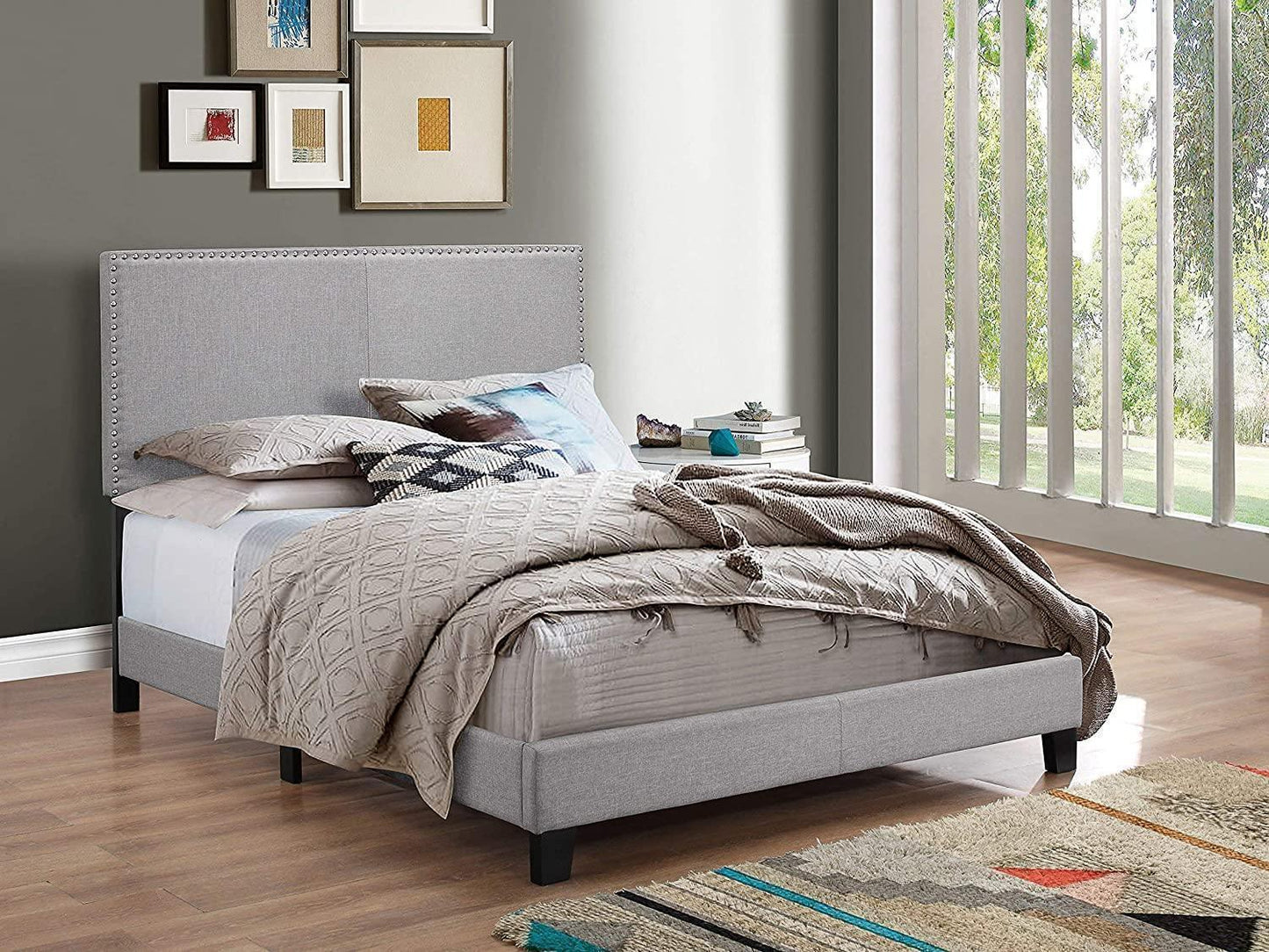 Queen Upholstered Panel Bed with Headboard, Footboard and Rails in Gray, Queen FredCo
