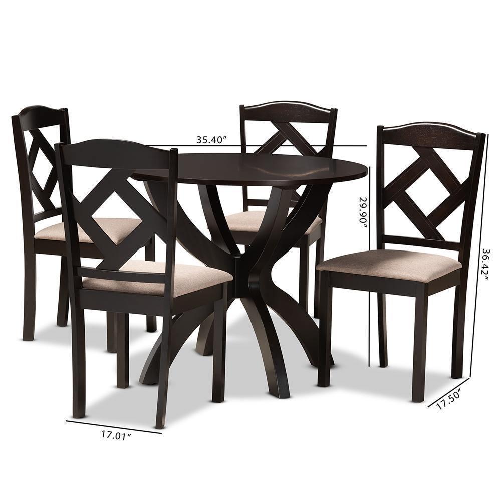 Quinlan Modern and Contemporary Sand Fabric Upholstered and Dark Brown Finished Wood 5-Piece Dining Set FredCo