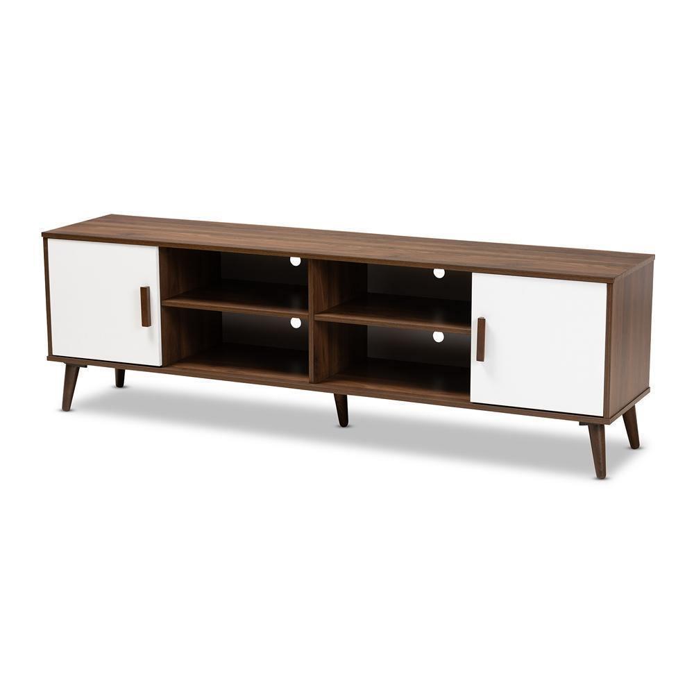 Quinn Mid-Century Modern Two-Tone White and Walnut Finished 2-Door Wood TV Stand FredCo