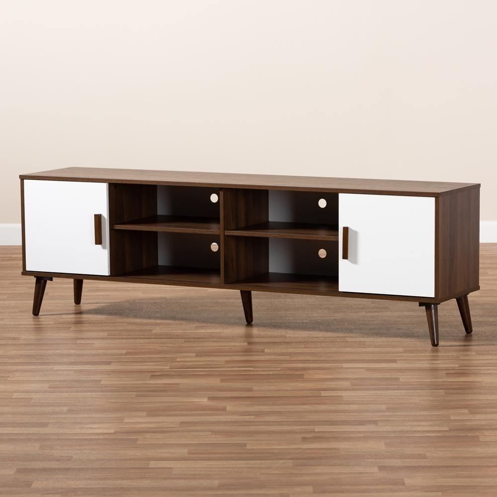 Quinn Mid-Century Modern Two-Tone White and Walnut Finished 2-Door Wood TV Stand FredCo