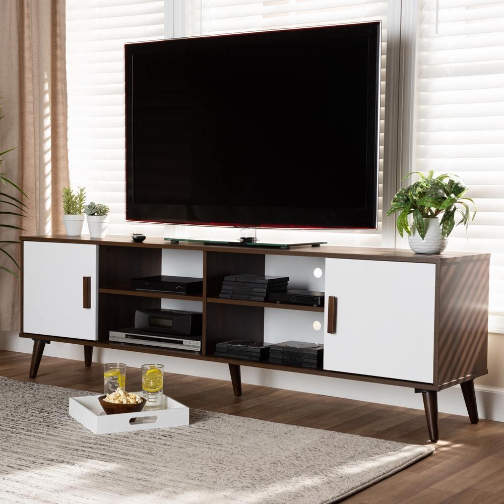 Quinn Mid-Century Modern Two-Tone White and Walnut Finished 2-Door Wood TV Stand FredCo