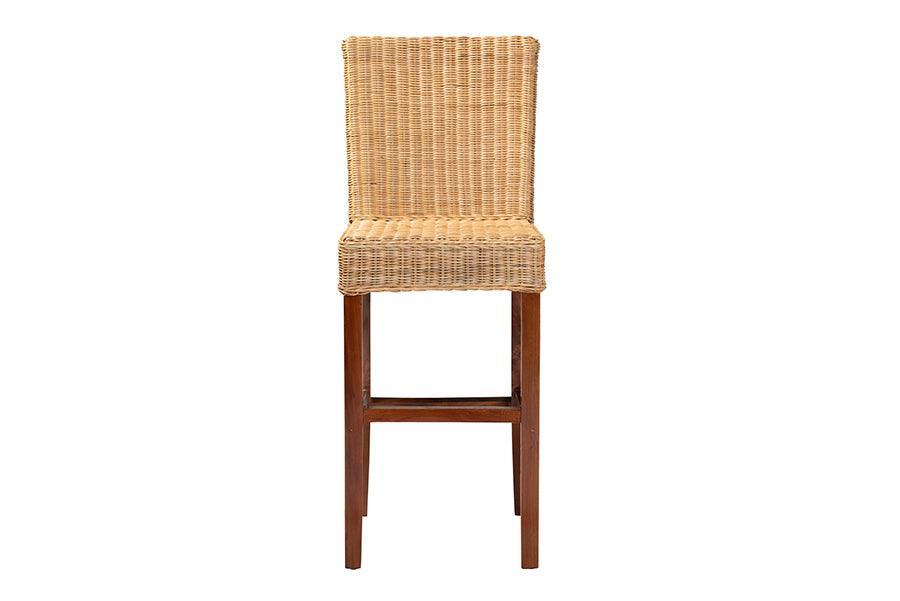 Racquel Modern Bohemian Natural Rattan and Mahogany Wood Bar Stool FredCo