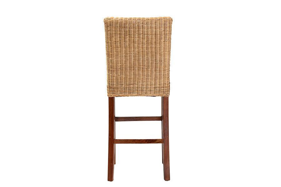 Racquel Modern Bohemian Natural Rattan and Mahogany Wood Bar Stool FredCo