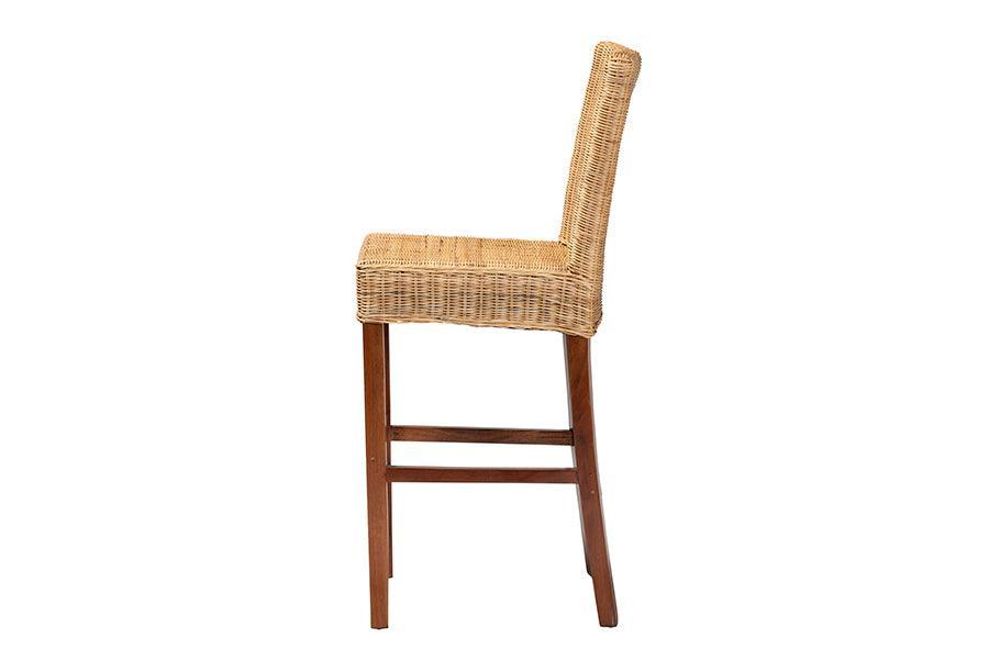 Racquel Modern Bohemian Natural Rattan and Mahogany Wood Bar Stool FredCo