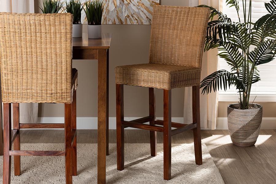 Racquel Modern Bohemian Natural Rattan and Mahogany Wood Bar Stool FredCo