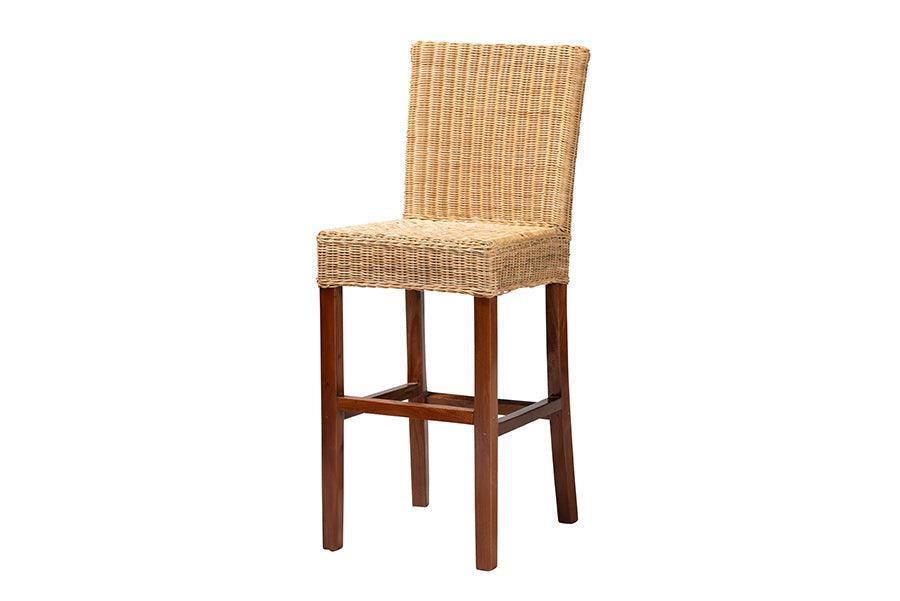 Racquel Modern Bohemian Natural Rattan and Mahogany Wood Bar Stool FredCo