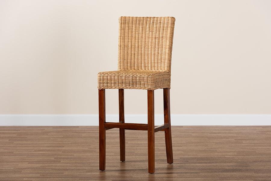 Racquel Modern Bohemian Natural Rattan and Mahogany Wood Bar Stool FredCo