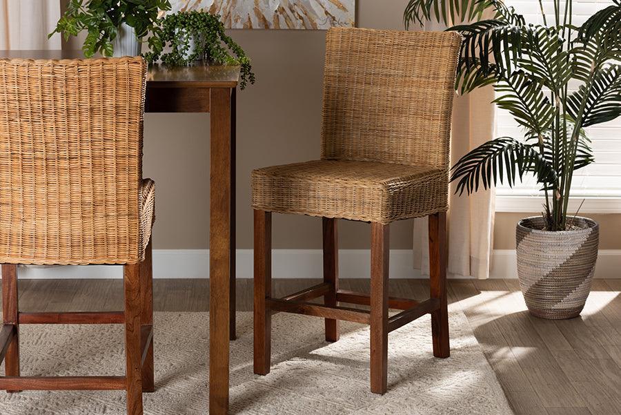 Racquel Modern Bohemian Natural Rattan and Mahogany Wood Counter Stool FredCo