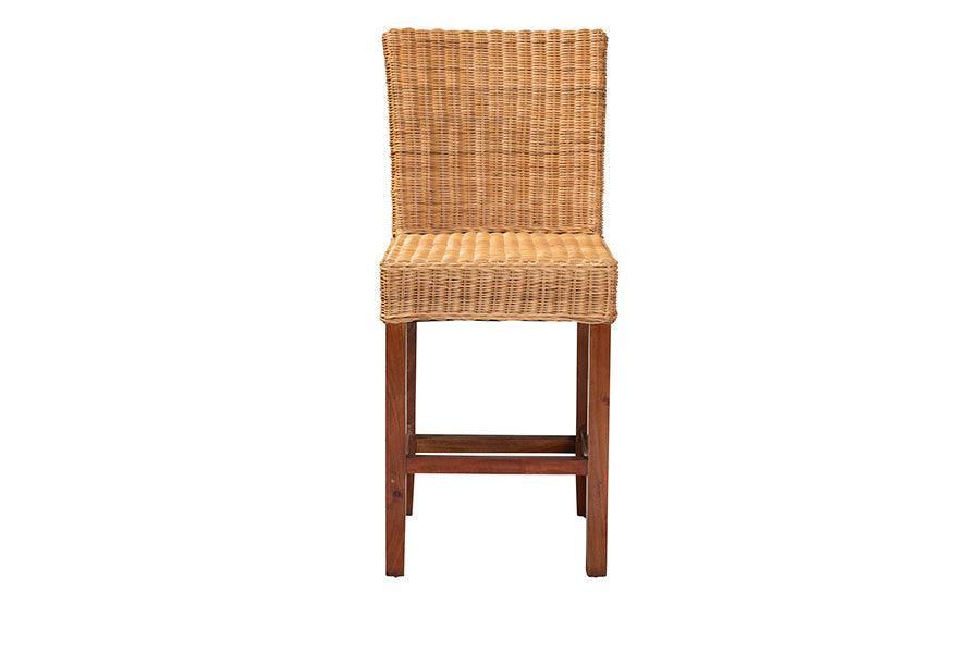 Racquel Modern Bohemian Natural Rattan and Mahogany Wood Counter Stool FredCo