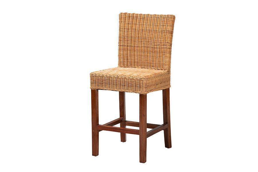 Racquel Modern Bohemian Natural Rattan and Mahogany Wood Counter Stool FredCo