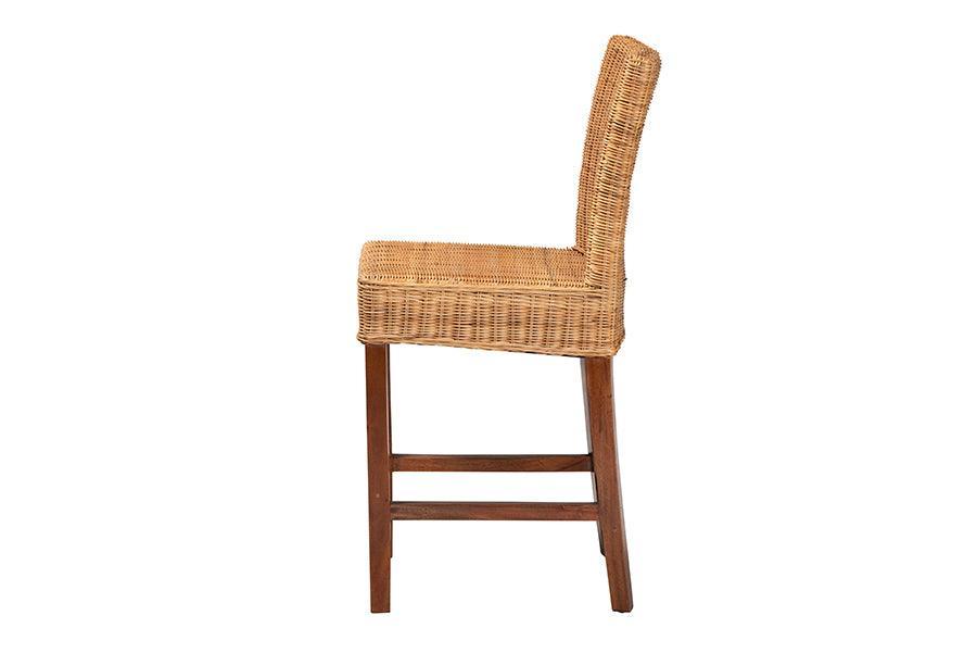 Racquel Modern Bohemian Natural Rattan and Mahogany Wood Counter Stool FredCo