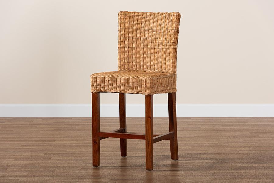 Racquel Modern Bohemian Natural Rattan and Mahogany Wood Counter Stool FredCo