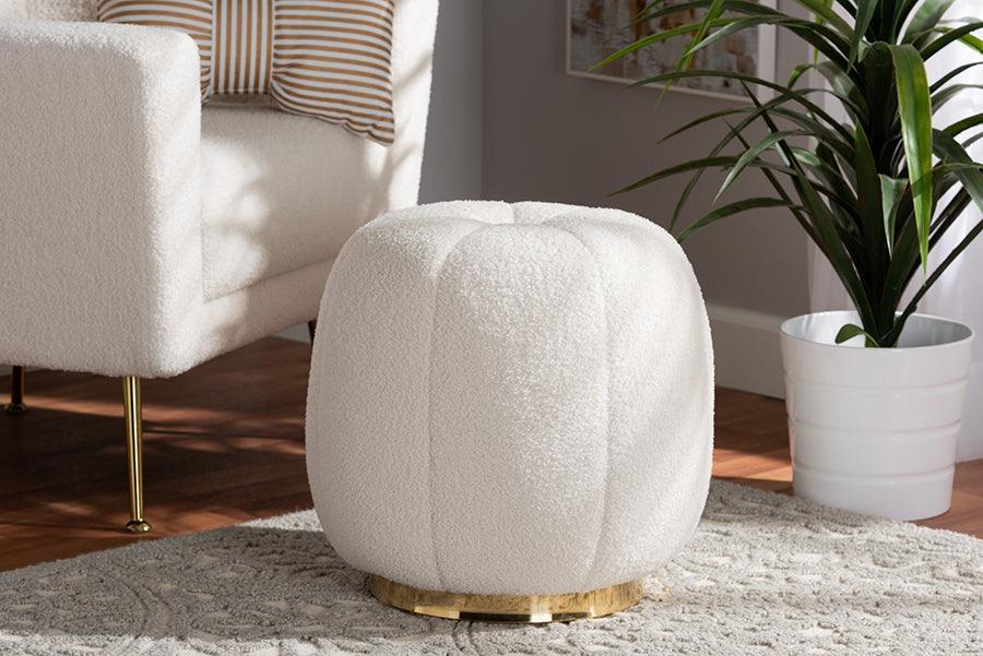 Raelynn Modern and Contemporary Ivory Boucle Upholstered and Gold Metal Ottoman FredCo
