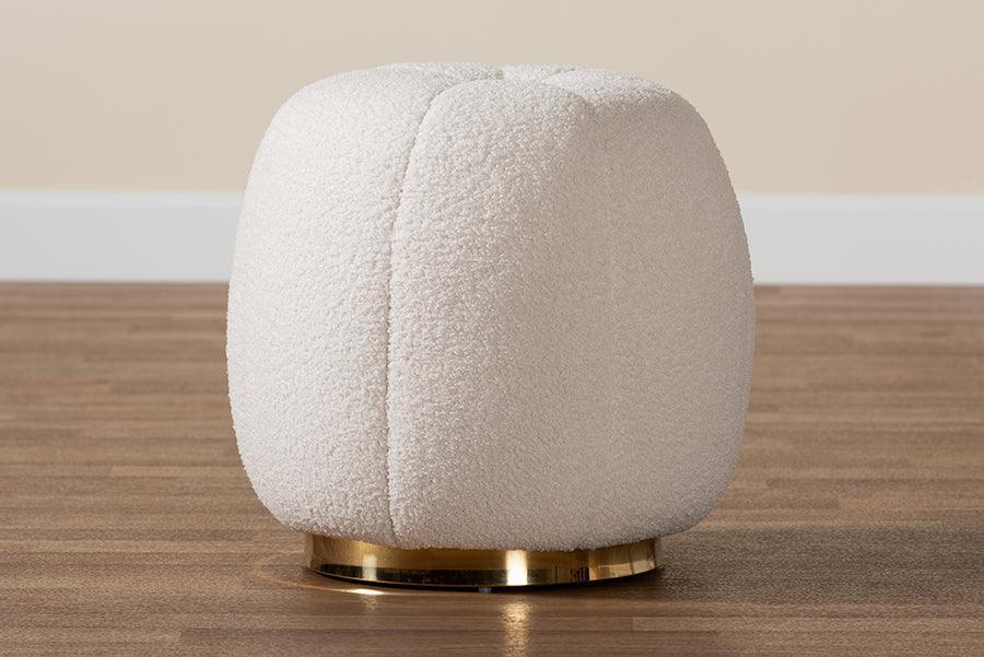 Raelynn Modern and Contemporary Ivory Boucle Upholstered and Gold Metal Ottoman FredCo
