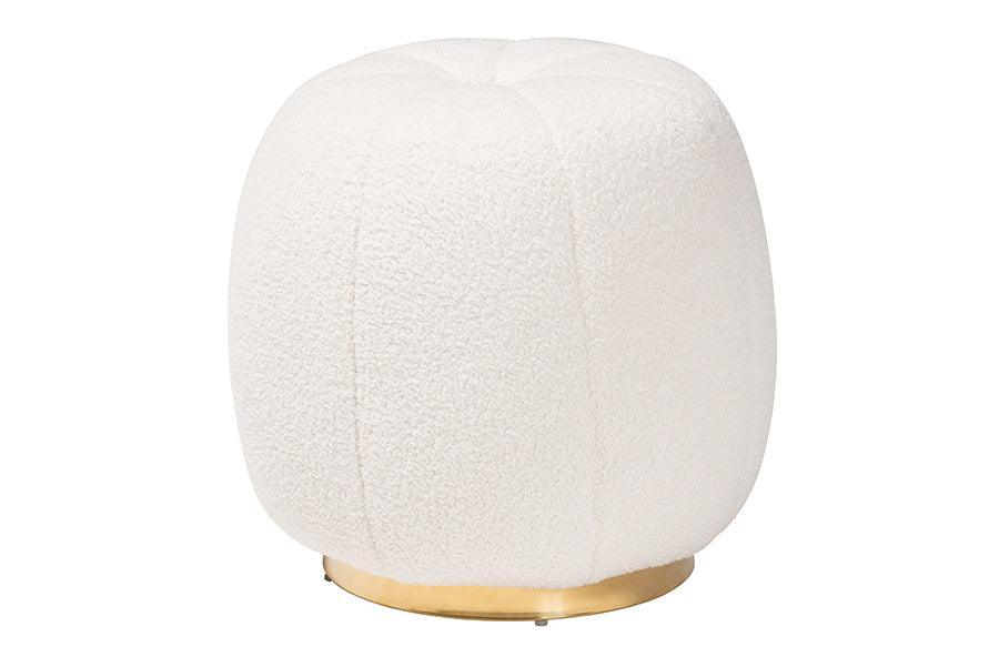 Raelynn Modern and Contemporary Ivory Boucle Upholstered and Gold Metal Ottoman FredCo