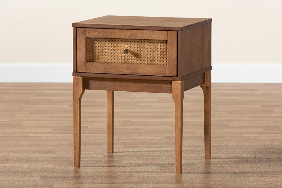 Ramiel Mid-Century Modern Ash Walnut Finished Wood and Rattan 1-Drawer Nightstand FredCo