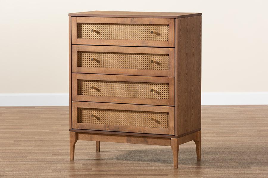 Ramiel Mid-Century Modern Ash Walnut Finished Wood and Rattan 4-Drawer Chest FredCo