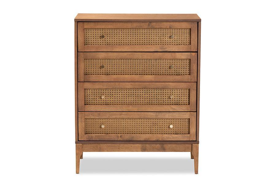 Ramiel Mid-Century Modern Ash Walnut Finished Wood and Rattan 4-Drawer Chest FredCo