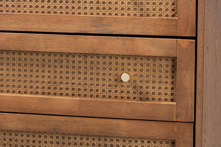 Ramiel Mid-Century Modern Ash Walnut Finished Wood and Rattan 4-Drawer Chest FredCo