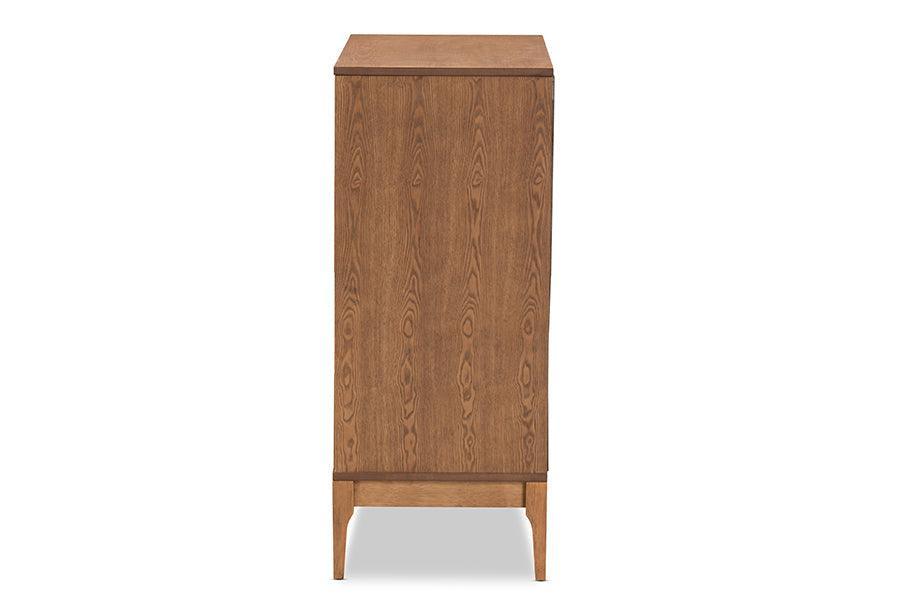Ramiel Mid-Century Modern Ash Walnut Finished Wood and Rattan 4-Drawer Chest FredCo