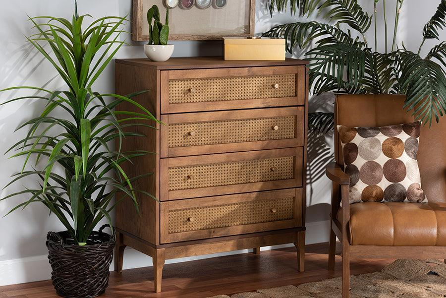 Ramiel Mid-Century Modern Ash Walnut Finished Wood and Rattan 4-Drawer Chest FredCo