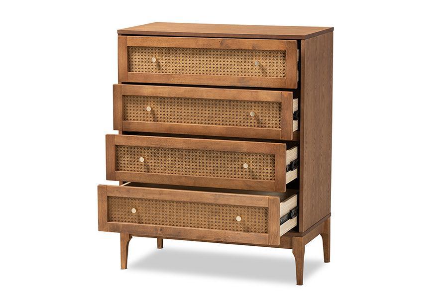 Ramiel Mid-Century Modern Ash Walnut Finished Wood and Rattan 4-Drawer Chest FredCo