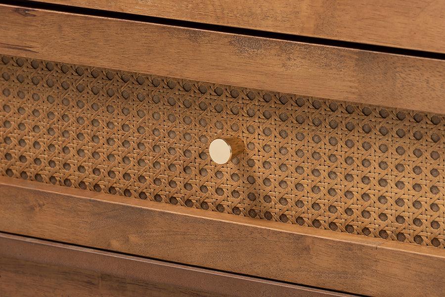 Ramiel Mid-Century Modern Ash Walnut Finished Wood and Rattan 6-Drawer Dresser FredCo