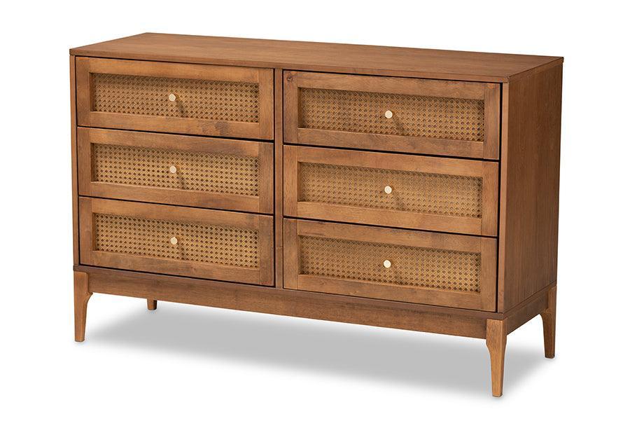 Ramiel Mid-Century Modern Ash Walnut Finished Wood and Rattan 6-Drawer Dresser FredCo