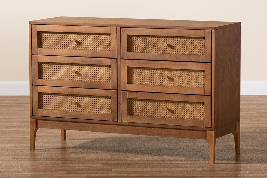 Ramiel Mid-Century Modern Ash Walnut Finished Wood and Rattan 6-Drawer Dresser FredCo