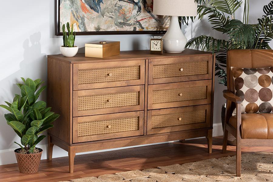 Ramiel Mid-Century Modern Ash Walnut Finished Wood and Rattan 6-Drawer Dresser FredCo