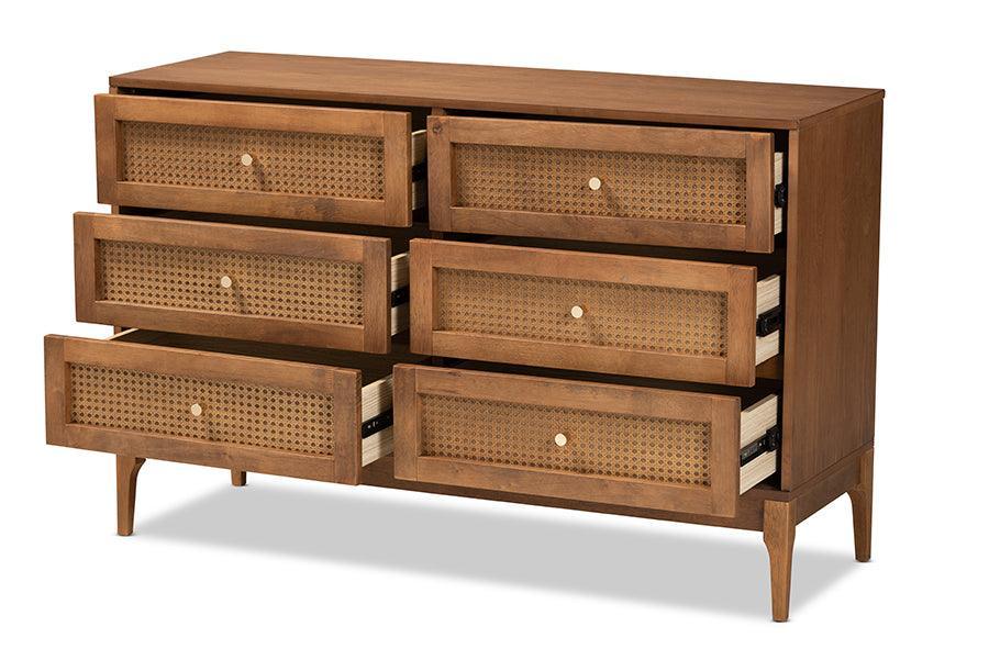 Ramiel Mid-Century Modern Ash Walnut Finished Wood and Rattan 6-Drawer Dresser FredCo