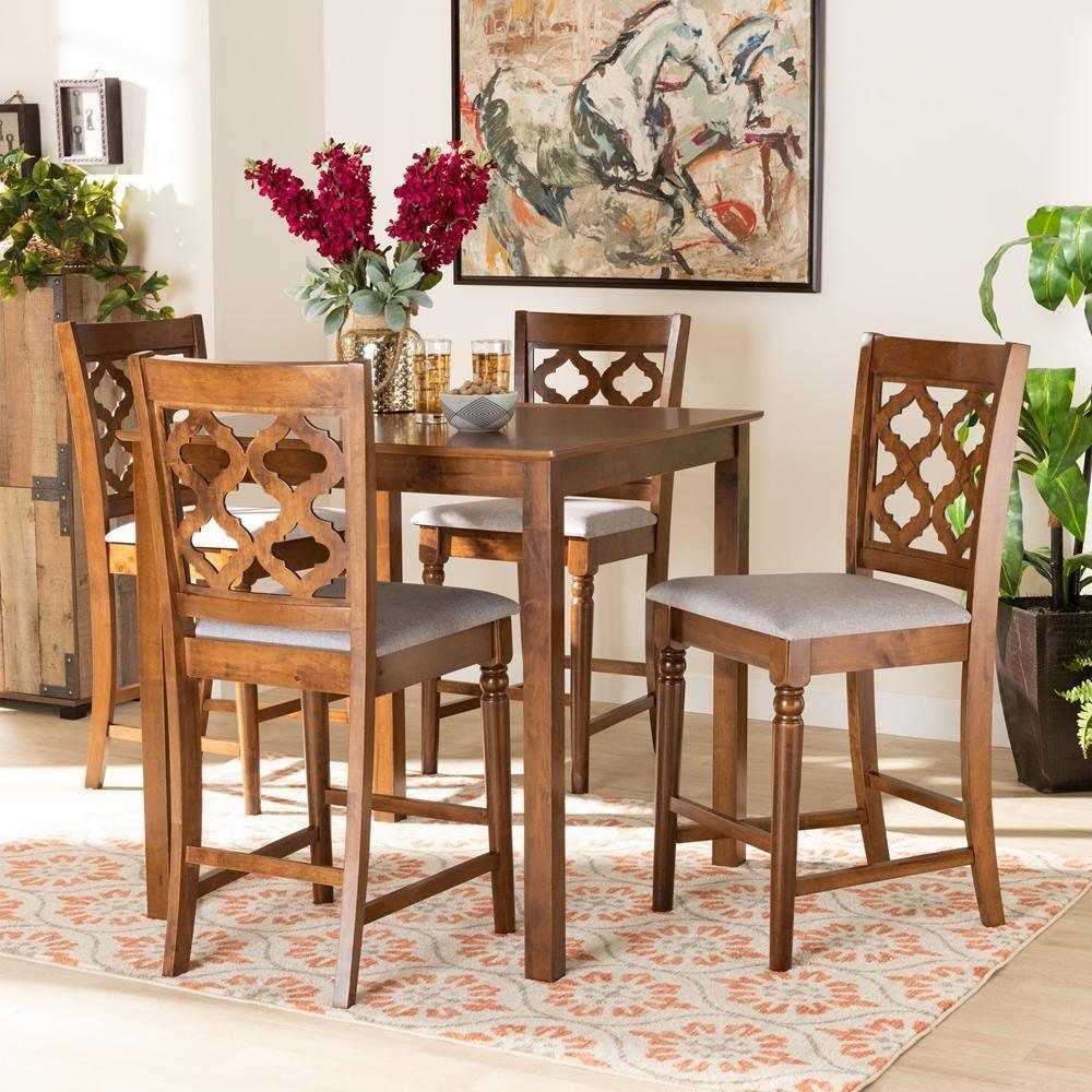 Ramiro Modern and Contemporary Transitional Grey Fabric Upholstered and Walnut Brown Finished Wood 5-Piece Pub Set FredCo