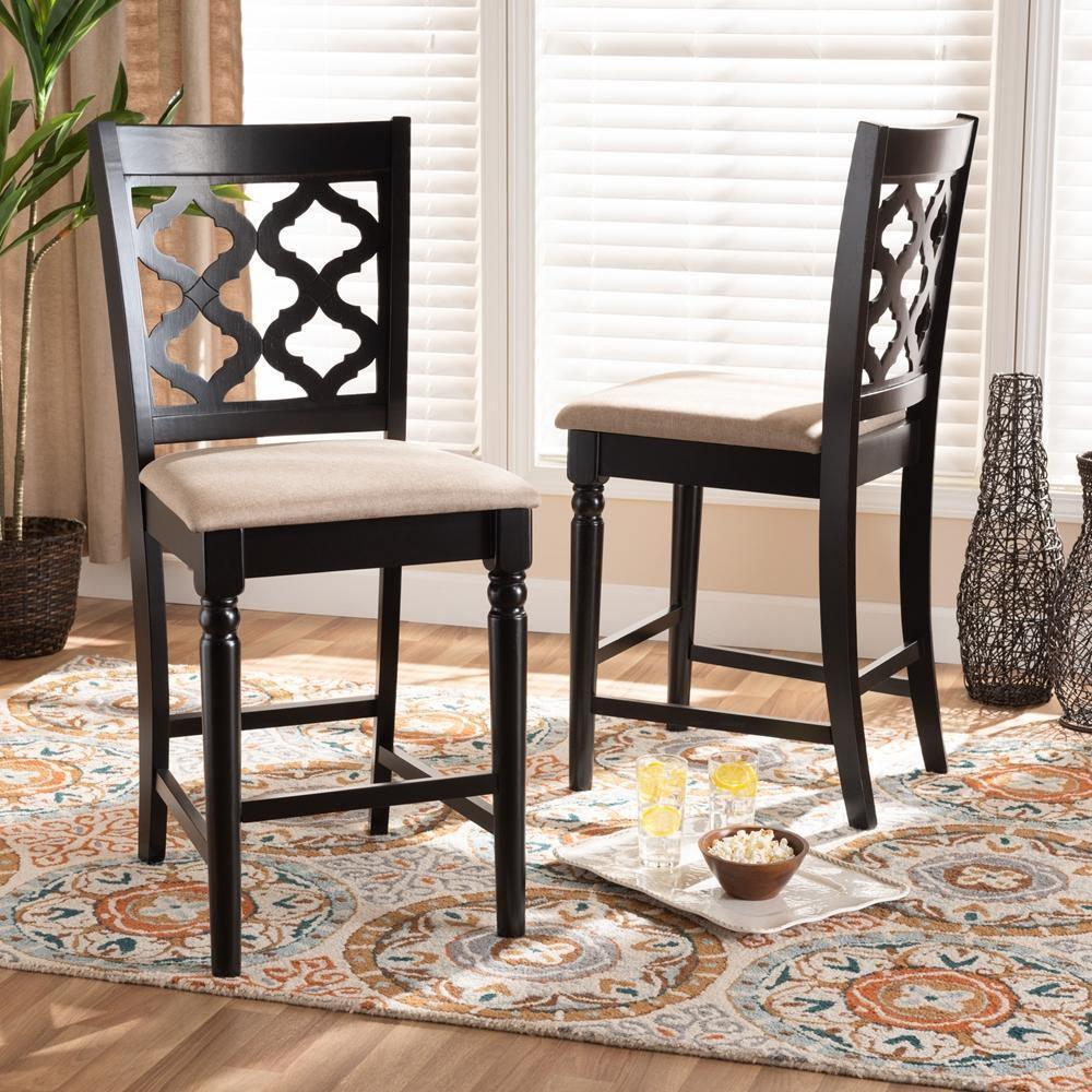 Ramiro Modern and Contemporary Transitional Sand Fabric Upholstered and Dark Brown Finished Wood 2-Piece Counter Stool Set FredCo