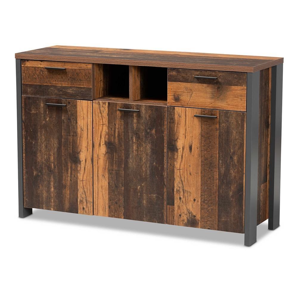 Ranger Mid-Century Modern Rustic Brown Finished Wood and Grey Metal 2-Door Sideboard Buffet FredCo