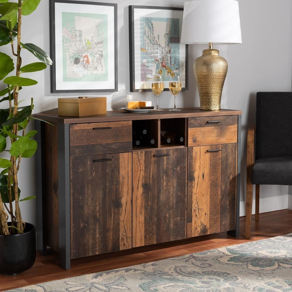 Ranger Mid-Century Modern Rustic Brown Finished Wood and Grey Metal 2-Door Sideboard Buffet FredCo