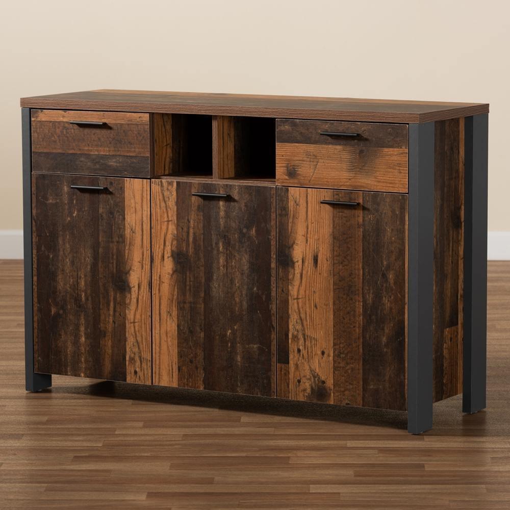 Ranger Mid-Century Modern Rustic Brown Finished Wood and Grey Metal 2-Door Sideboard Buffet FredCo