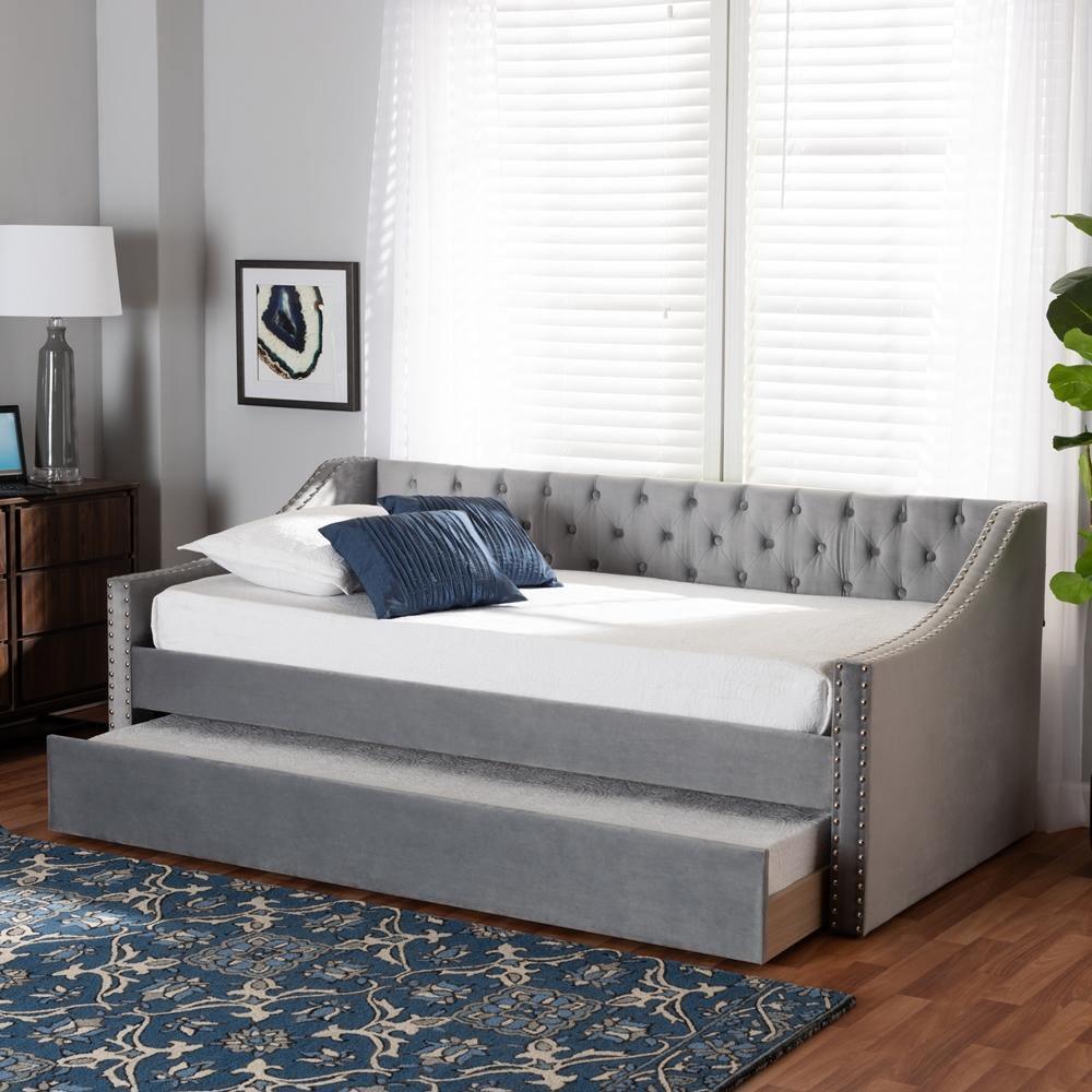 Raphael Modern and Contemporary Grey Velvet Fabric Upholstered Twin Size Daybed with Trundle FredCo