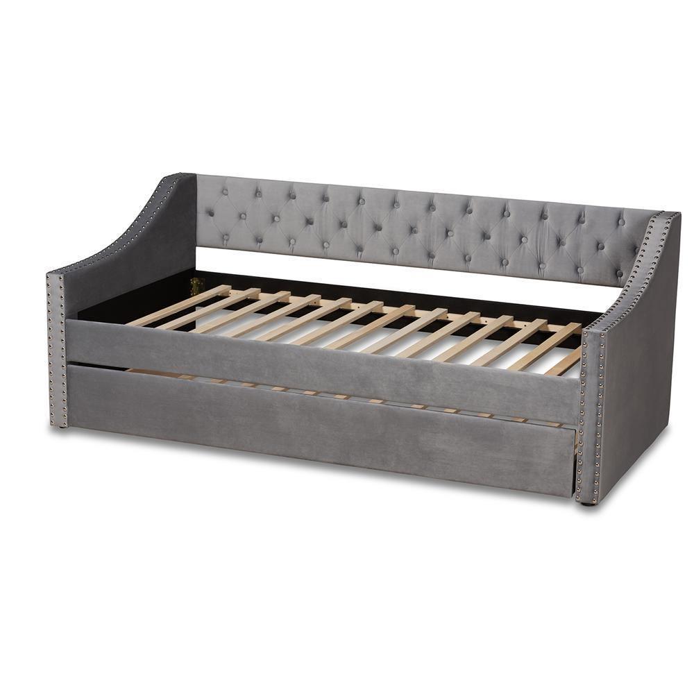 Raphael Modern and Contemporary Grey Velvet Fabric Upholstered Twin Size Daybed with Trundle FredCo