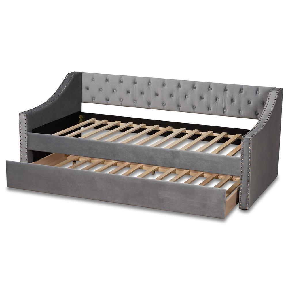 Raphael Modern and Contemporary Grey Velvet Fabric Upholstered Twin Size Daybed with Trundle FredCo