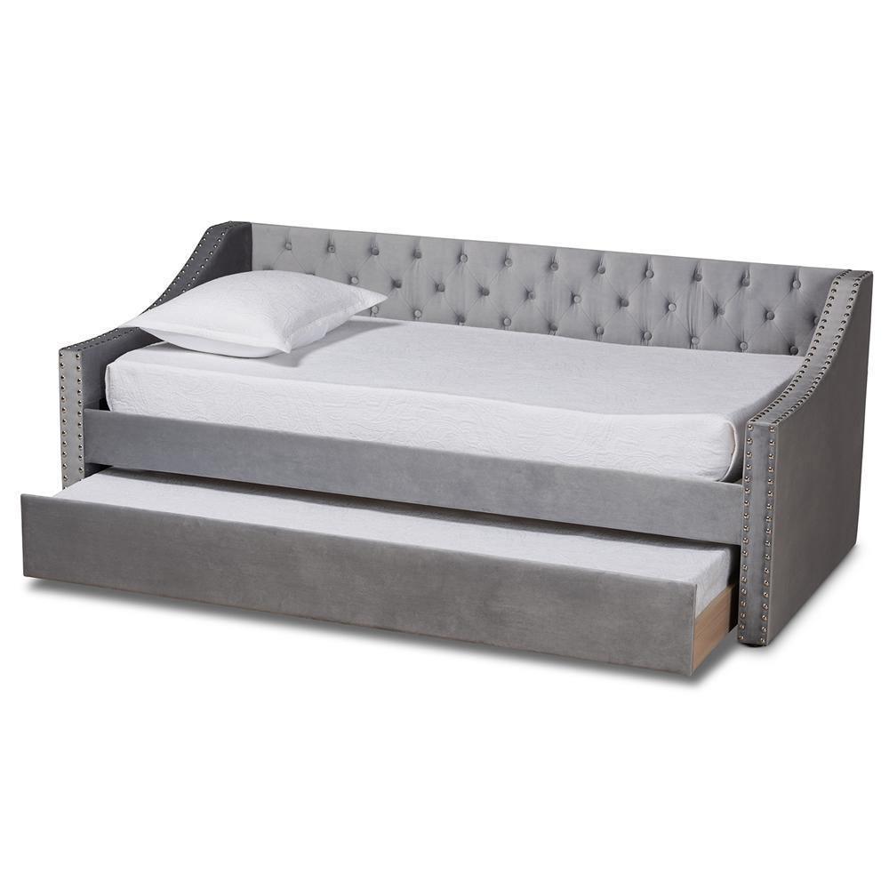 Raphael Modern and Contemporary Grey Velvet Fabric Upholstered Twin Size Daybed with Trundle FredCo