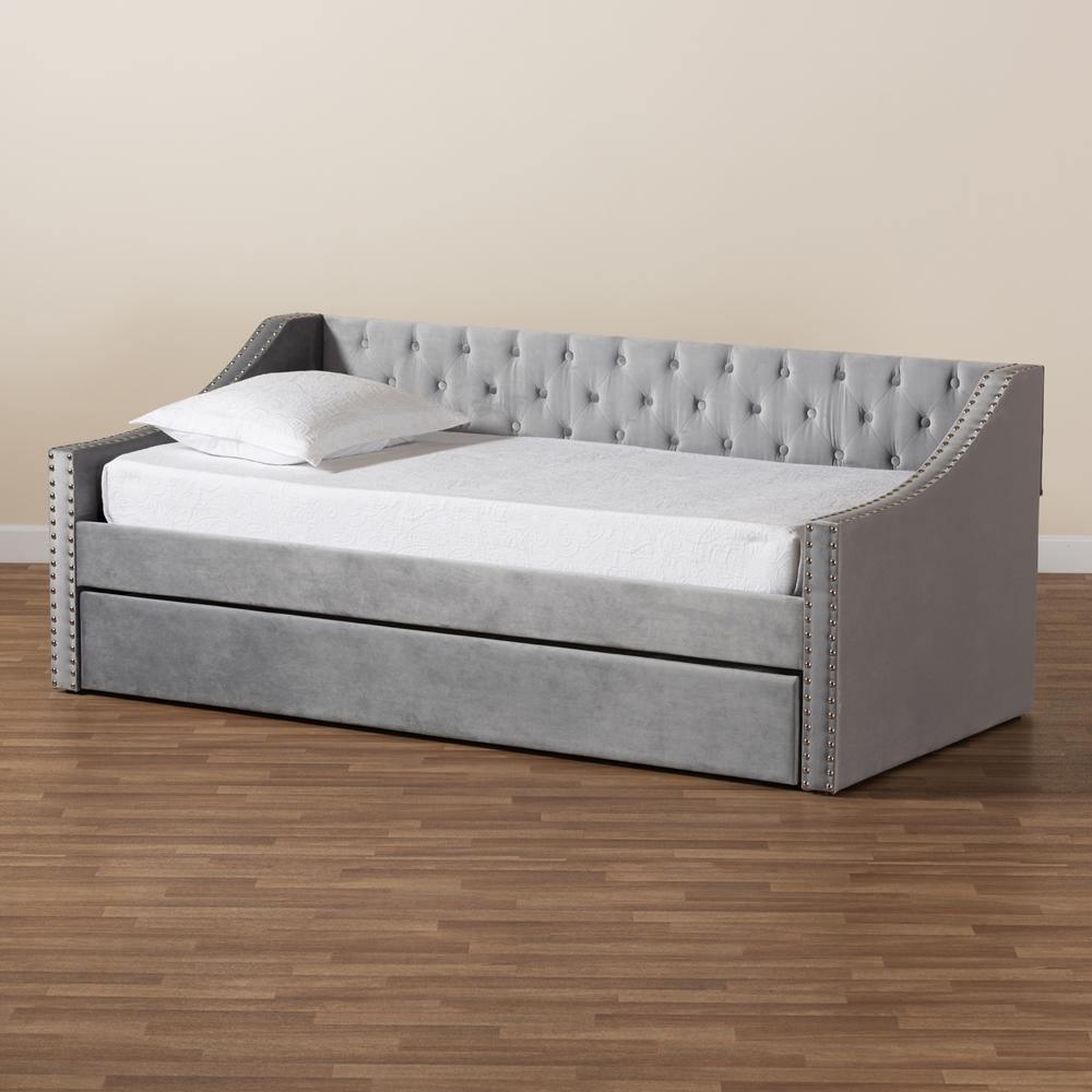 Raphael Modern and Contemporary Grey Velvet Fabric Upholstered Twin Size Daybed with Trundle FredCo