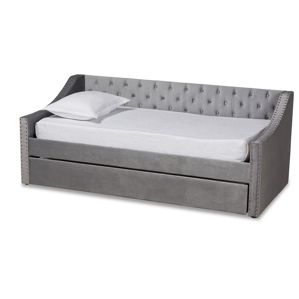 Raphael Modern and Contemporary Grey Velvet Fabric Upholstered Twin Size Daybed with Trundle FredCo