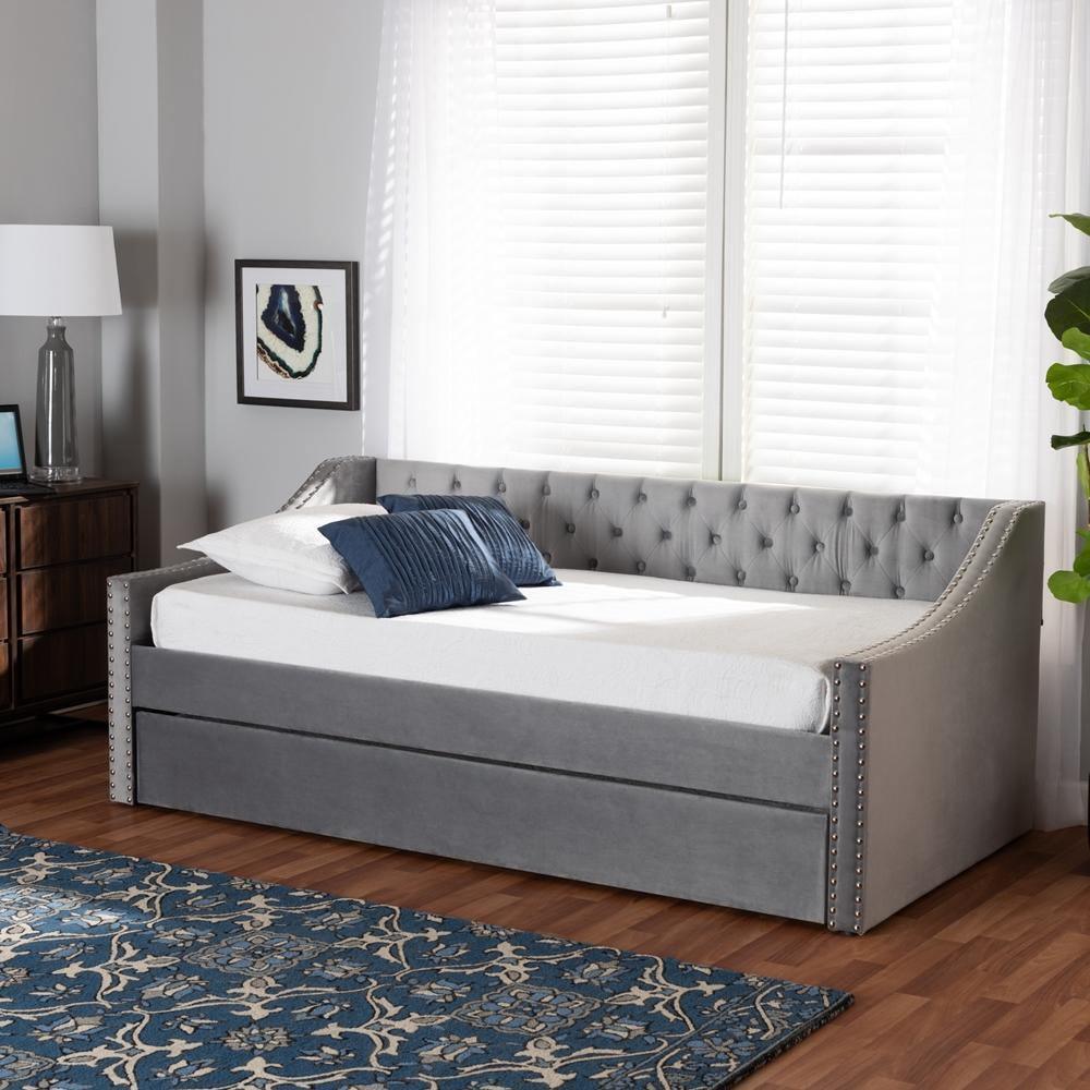 Raphael Modern and Contemporary Grey Velvet Fabric Upholstered Twin Size Daybed with Trundle FredCo