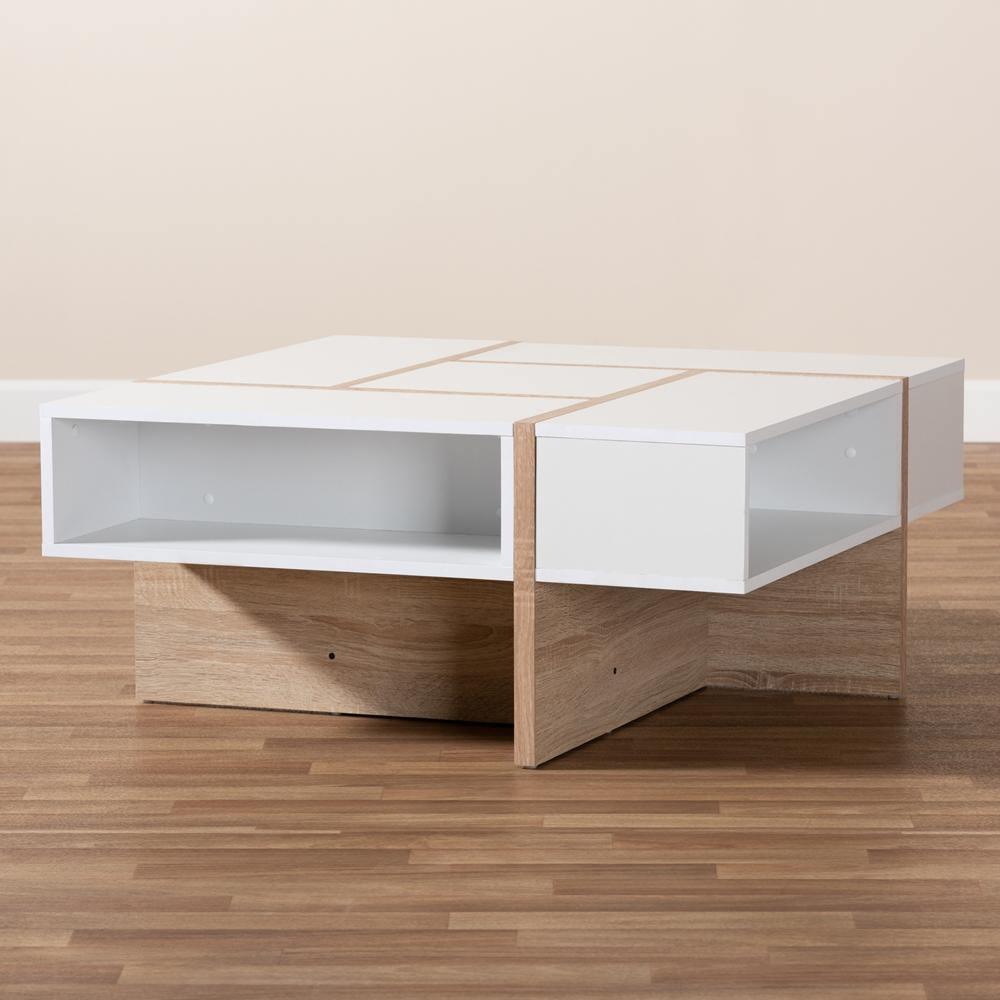 Rasa Modern and Contemporary Two-Tone White and Oak Finished Wood Coffee Table FredCo