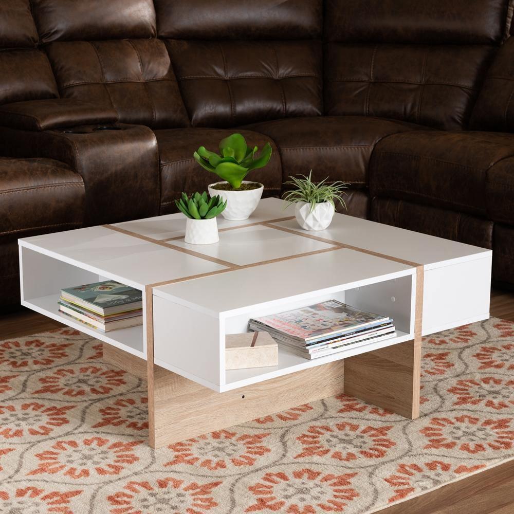 Rasa Modern and Contemporary Two-Tone White and Oak Finished Wood Coffee Table FredCo