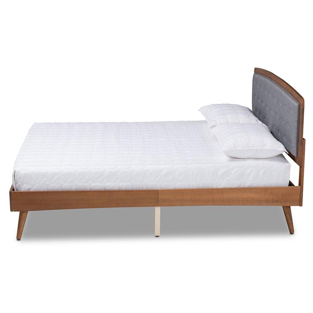 Ratana Mid-Century Modern Transitional Grey Fabric Upholstered and Walnut Brown Finished Wood Full Size Platform Bed FredCo