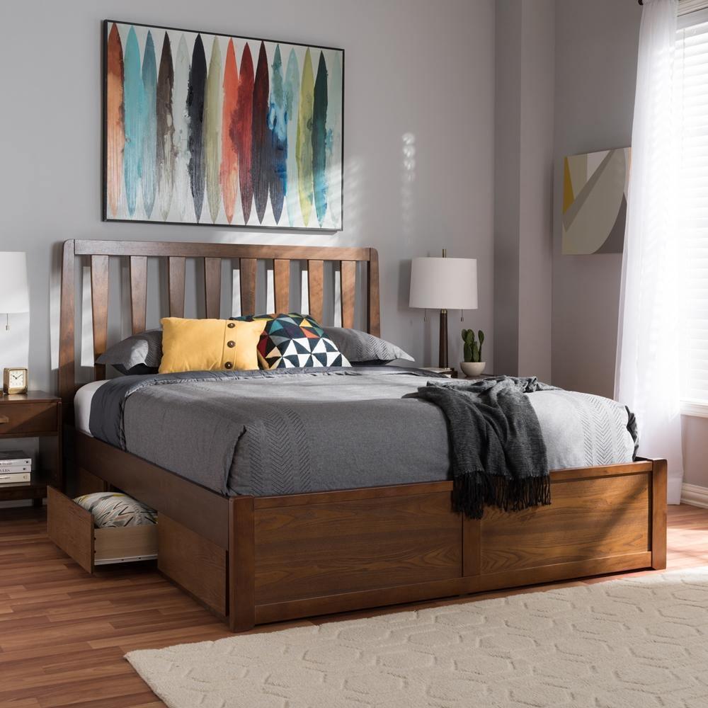 Raurey Modern and Contemporary Walnut Finished Queen Size Storage Platform Bed FredCo